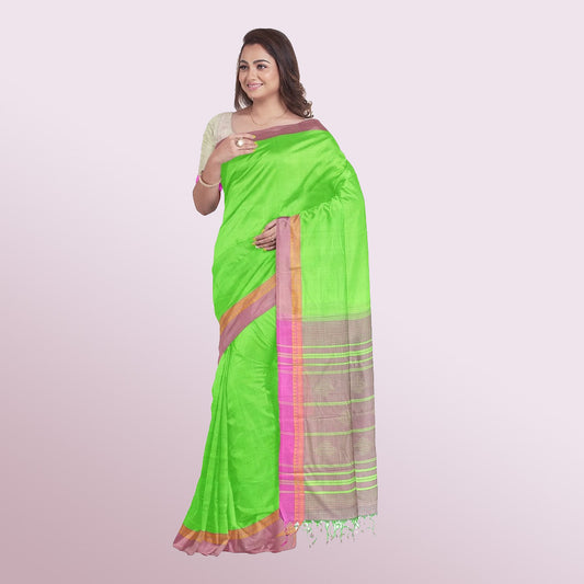 MANGALAGIRI SOFT COTTON HANDWOVEN WITH TEMPLE BORDER IN MAPLE GREEN AND PINK