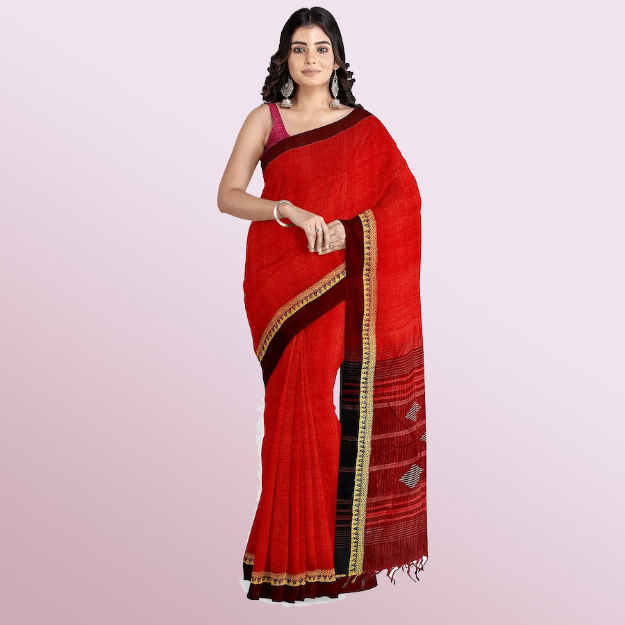 MANGALAGIRI TANGALYA WEAVE HANDWOVEN PURE COTTON SAREE IN RED WITH BROWN BORDER