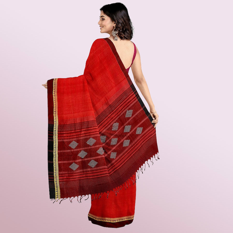 MANGALAGIRI TANGALYA WEAVE HANDWOVEN PURE COTTON SAREE IN RED WITH BROWN BORDER