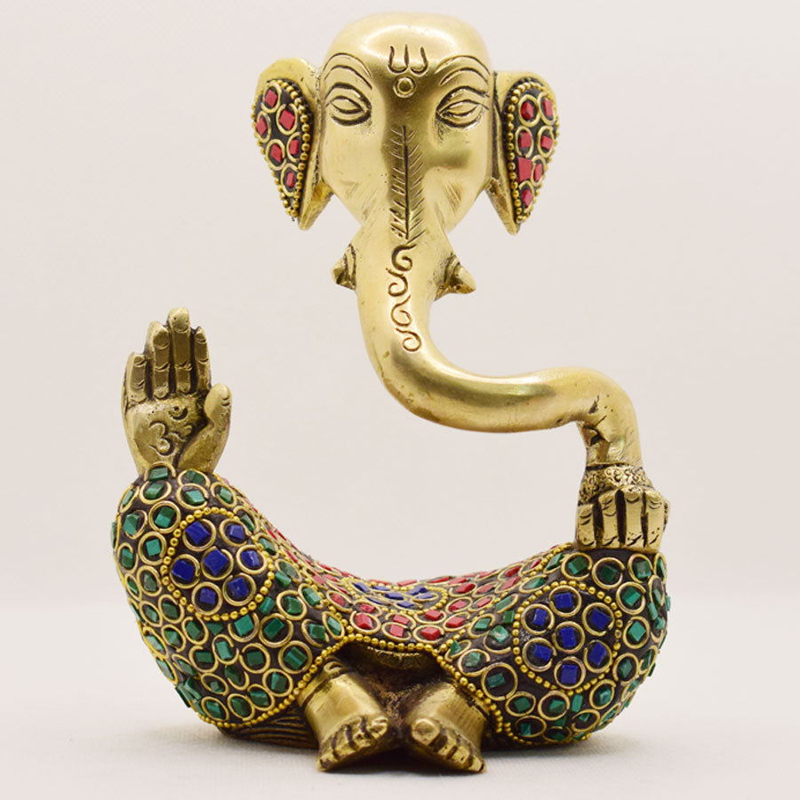 MODERN ART BRASS GANESHA IDOL WITH GREEN, RED & BLUE STONEWORK