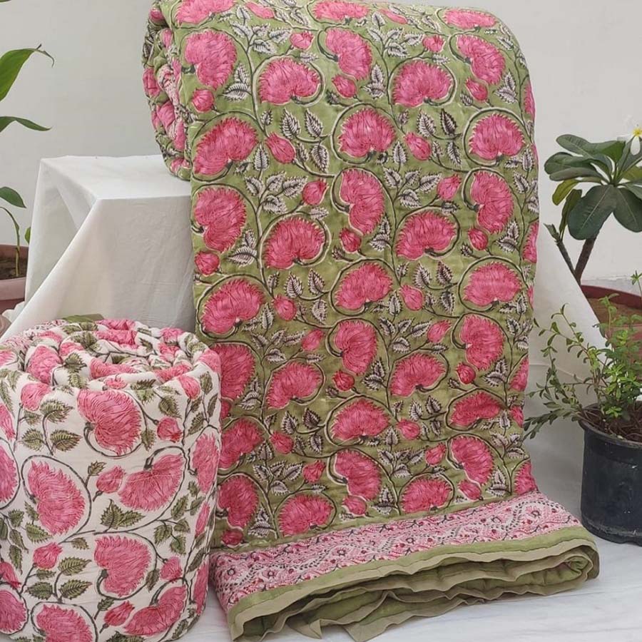 RAZAIS HAND QUILTED AND BLOCK PRINTED IN PINK AND GREY