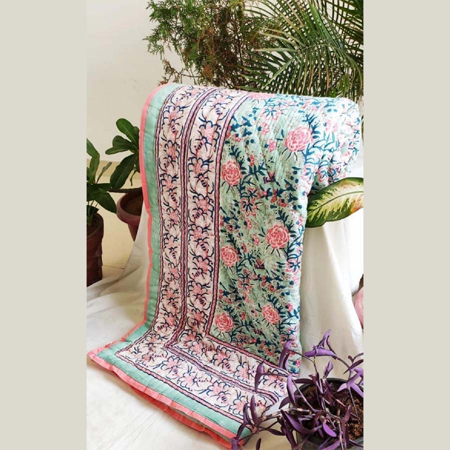 RAZAIS HAND QUILTED AND BLOCK PRINTED IN PISTA ALL OVER FLORAL WITH BORDER