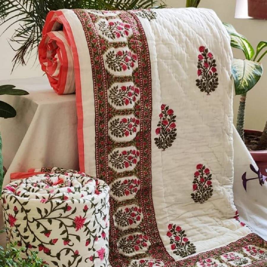 RAZAIS HAND QUILTED AND BLOCK PRINTED IN ALL OVER FLORAL