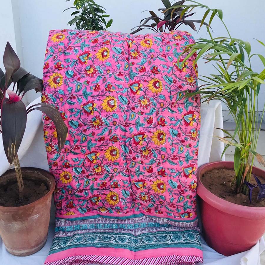 RAZAIS HAND QUILTED AND BLOCK PRINTED IN FRESH PINK JAAL