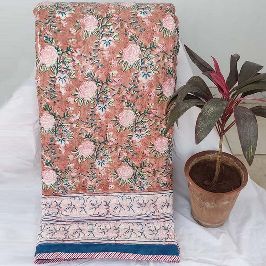 RAZAIS HAND QUILTED AND BLOCK PRINTED IN LIGHT BROWN AND LIGHT PINK FLOWERS