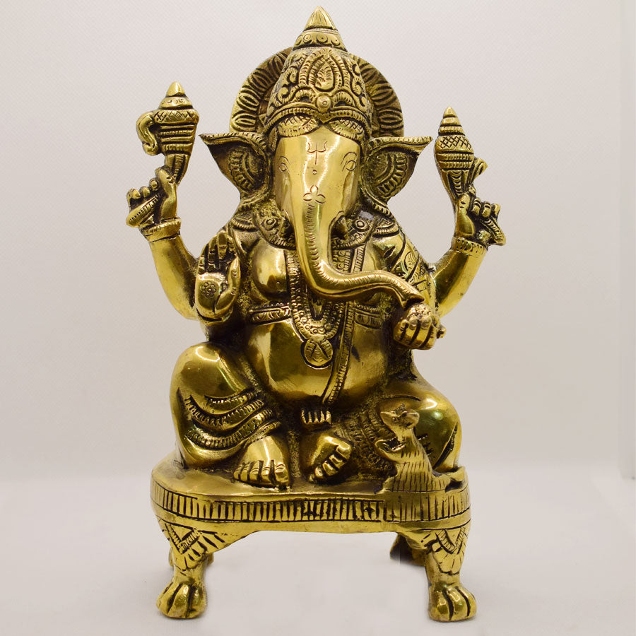 TRADITIONAL BRASS GANESHA SITTING ON LION FEET STAND