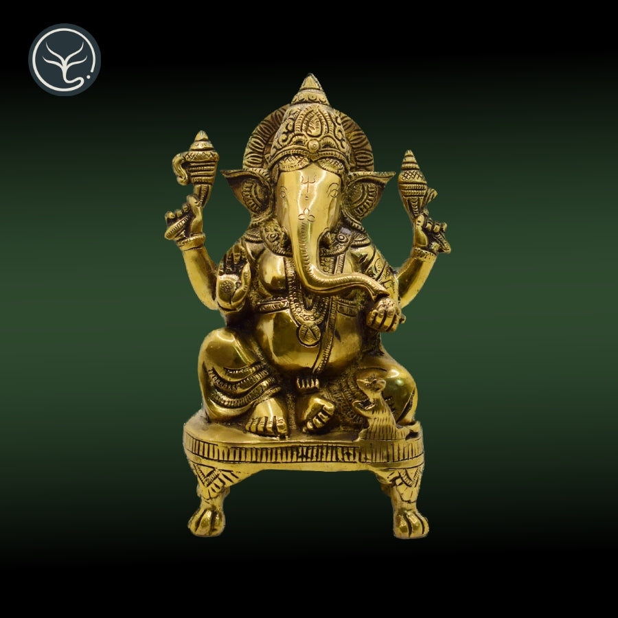 TRADITIONAL BRASS GANESHA SITTING ON LION FEET STAND