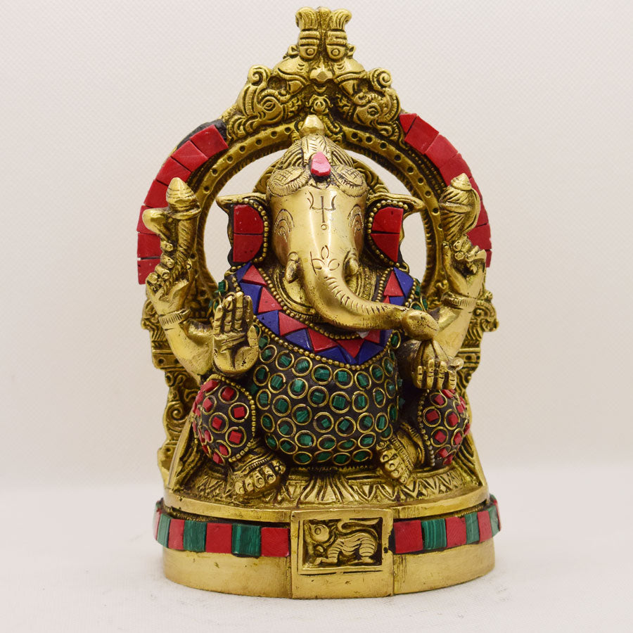 TRADITIONAL BRASS GANESHA WITH ARCH AND UNIQUE STONE WORK (RED, GREEN & BLUE)