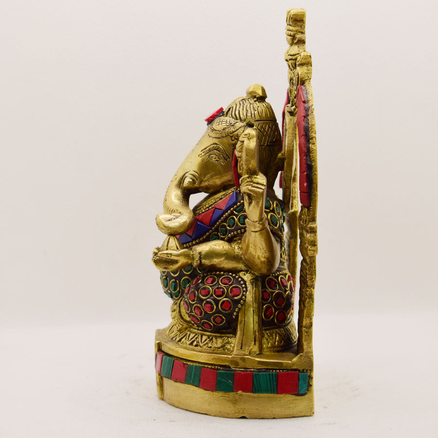 TRADITIONAL BRASS GANESHA WITH ARCH AND UNIQUE STONE WORK (RED, GREEN & BLUE)