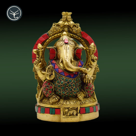 TRADITIONAL BRASS GANESHA WITH ARCH AND UNIQUE STONE WORK (RED, GREEN & BLUE)