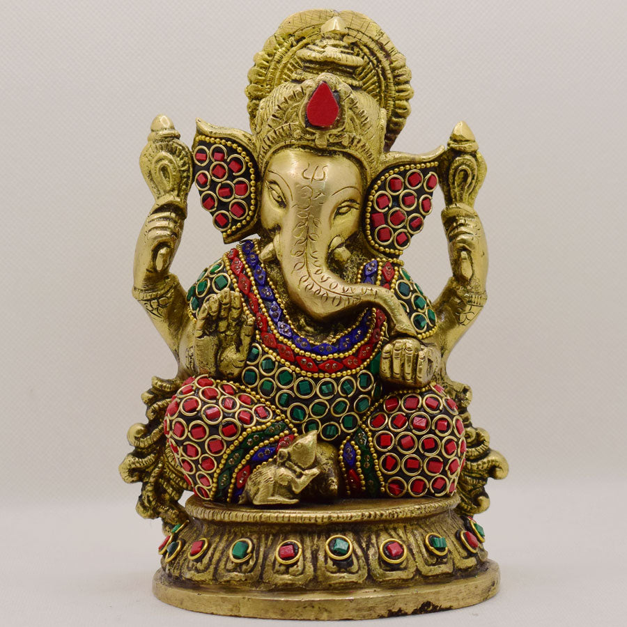 TRADITIONAL BRASS GANESHA WITH ALLOVER UNIQUE STONE WORK (RED, GREEN & BLUE)