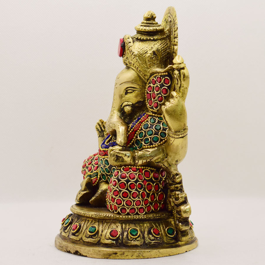 TRADITIONAL BRASS GANESHA WITH ALLOVER UNIQUE STONE WORK (RED, GREEN & BLUE)