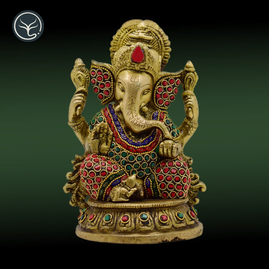 TRADITIONAL BRASS GANESHA WITH ALLOVER UNIQUE STONE WORK (RED, GREEN & BLUE)