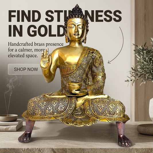 BRASS MEDITATING BUDDHA HOLDING VITARKA MUDRA SEATED ON A PEDASTAL