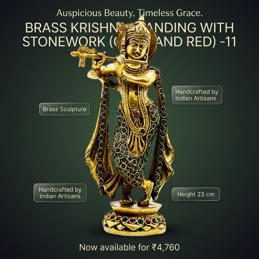 BRASS KRISHNA STANDING WITH STONEWORK (GREEN AND RED)