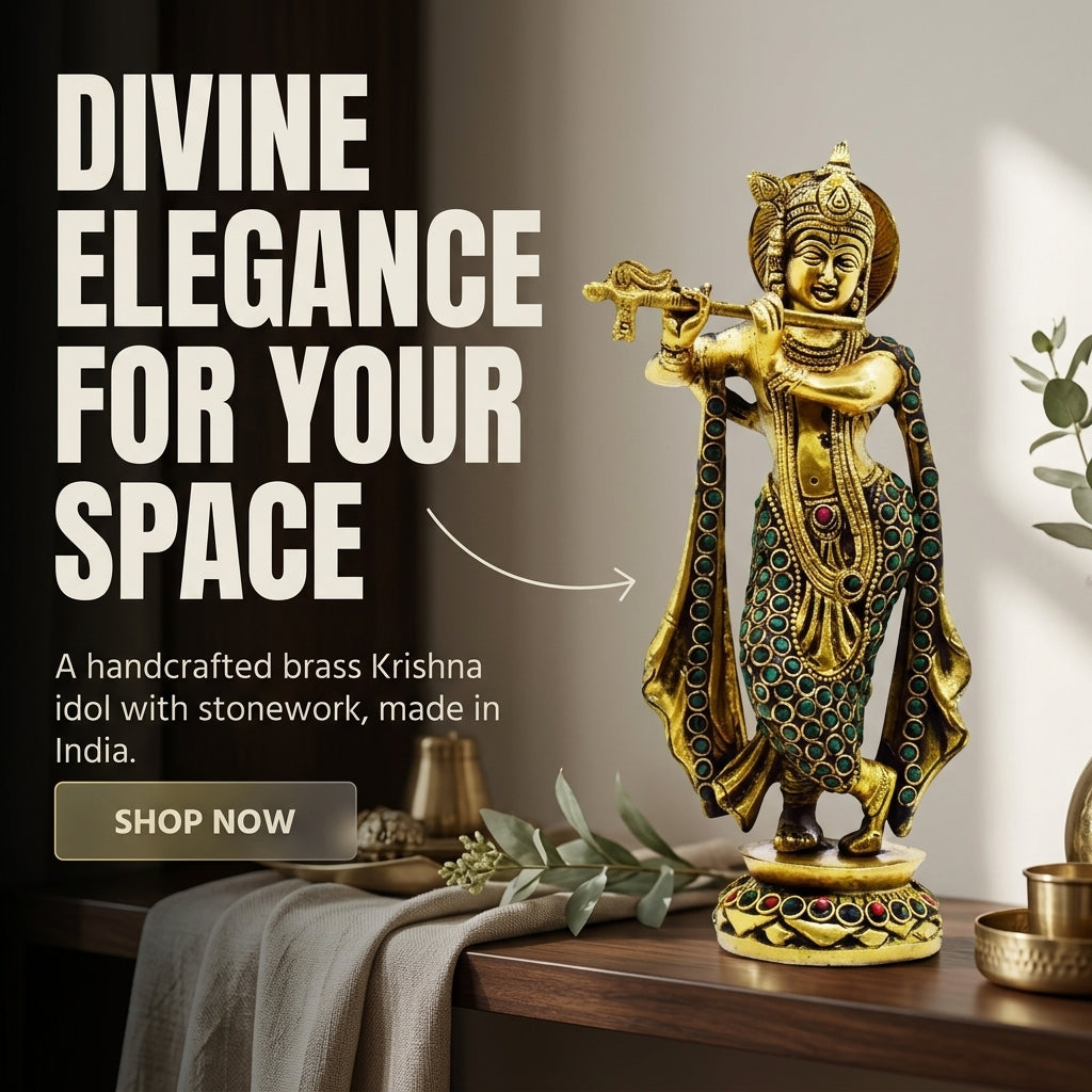 BRASS KRISHNA STANDING WITH STONEWORK (GREEN AND RED)