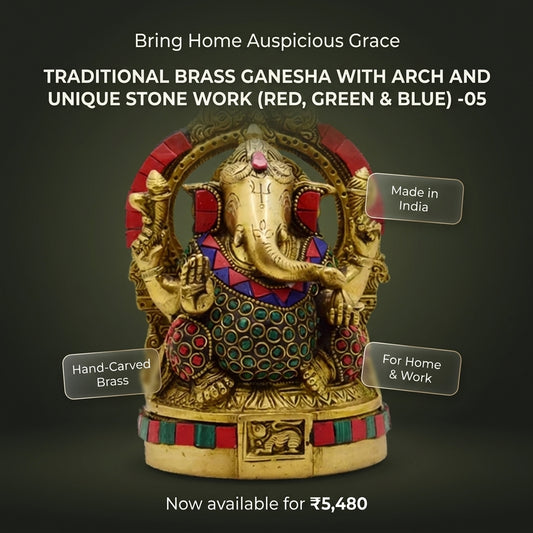 TRADITIONAL BRASS GANESHA WITH ARCH AND UNIQUE STONE WORK (RED, GREEN & BLUE)