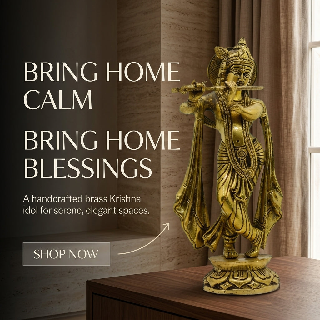 BRASS LORD KRISHNA STANDING ON FLOWER BASE