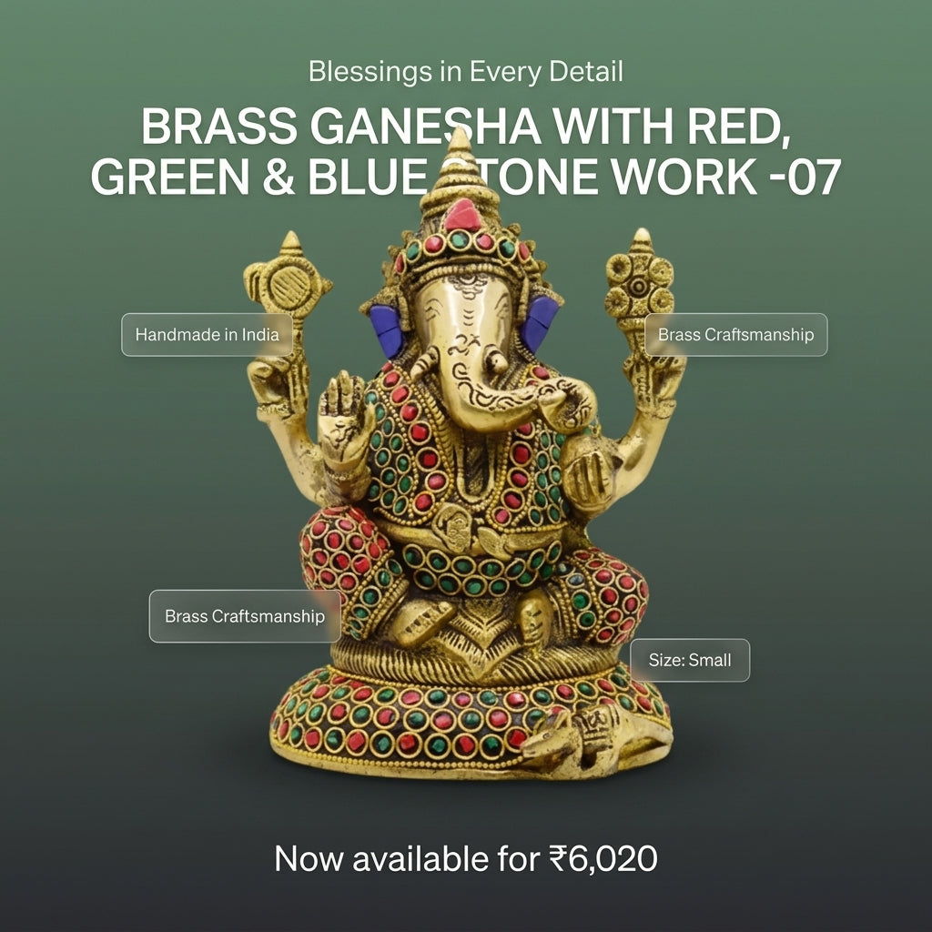 BRASS GANESHA WITH RED, GREEN & BLUE STONE WORK