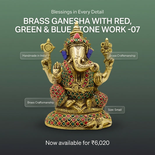 BRASS GANESHA WITH RED, GREEN & BLUE STONE WORK